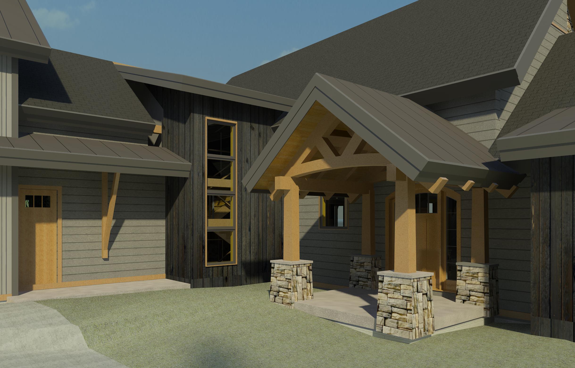 The stair tower anchors the corner of the home’s “L” shaped layout.