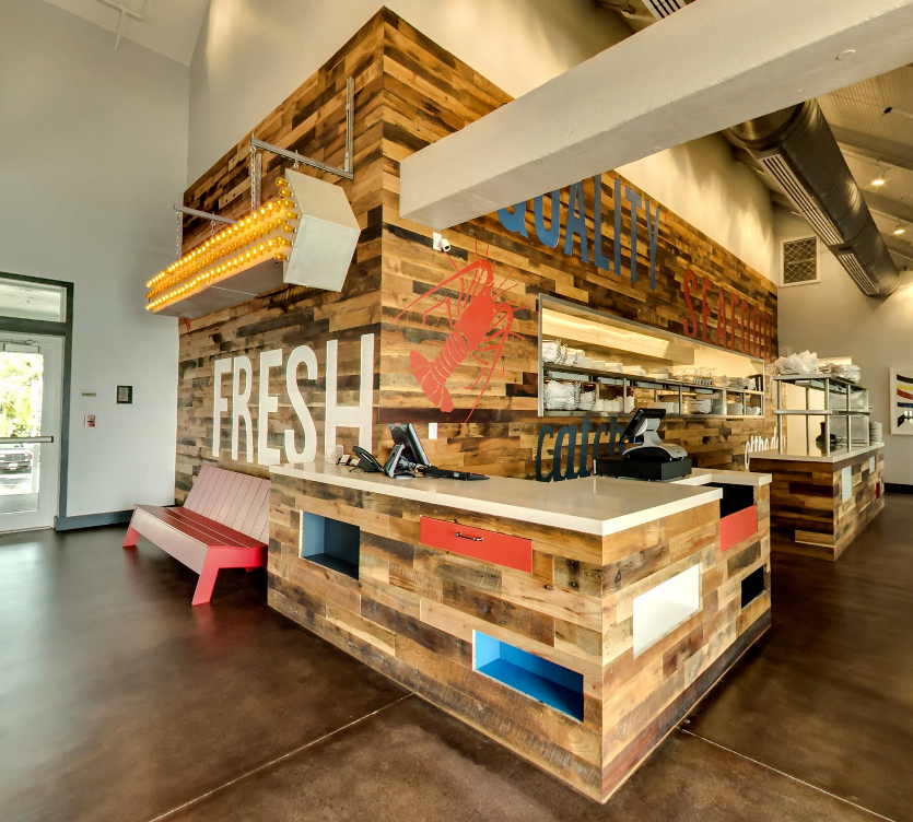 Lettering and lobsters were incorporated for this seafood restaurant in Florida.