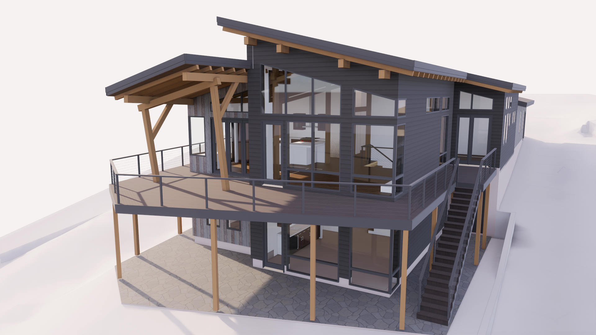 Rendering of timber frame exterior of lake home design project.