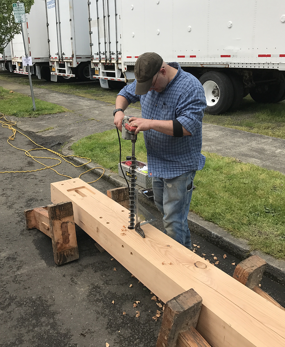 Darren drilling into a Douglas fir timber