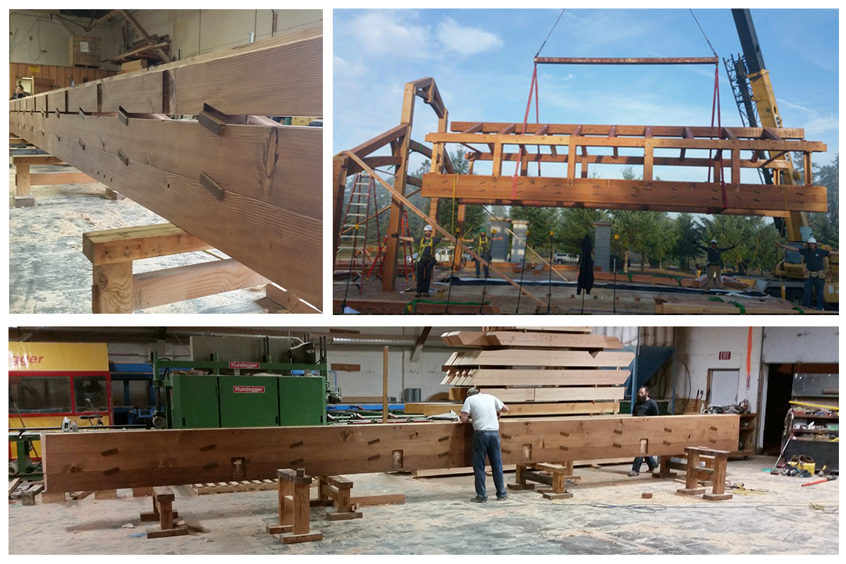New Energy Works Oregon Timber Frame Home Keyed Beam In Shop and on Raising Day