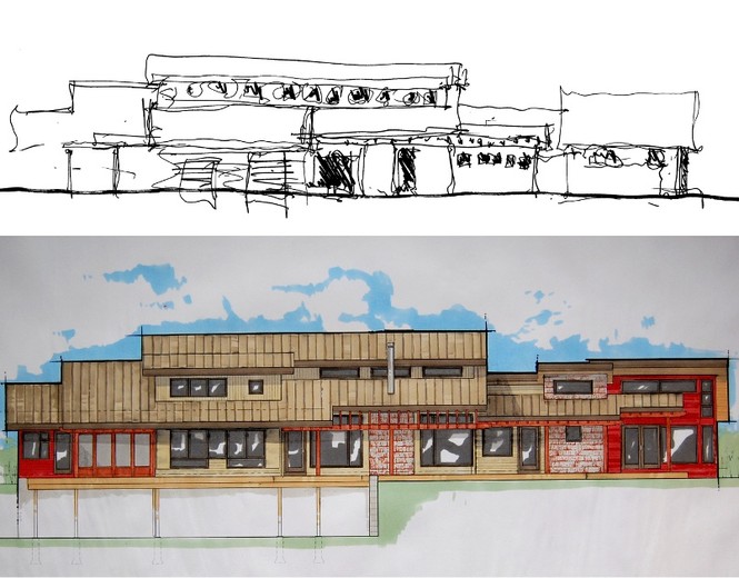 Design drawings progress from sketch to finalized rendering that includes suggested exterior materials and colors.