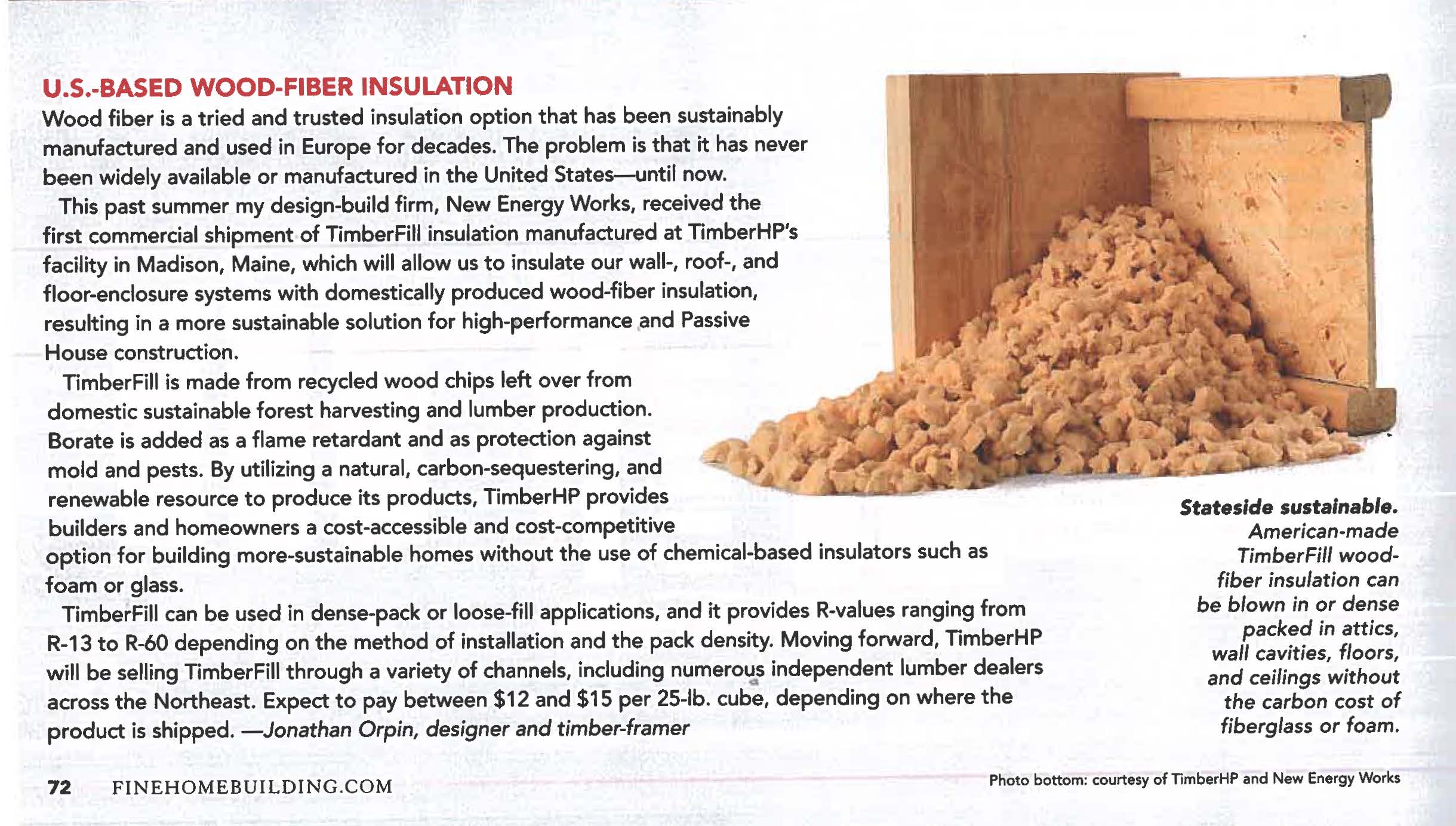 TimberFill, a loose fill insulation, can be blown in or dense packed for high performing, affordable, safe, and carbon negative coverage in attics, wall cavities, floors, and ceilings. 