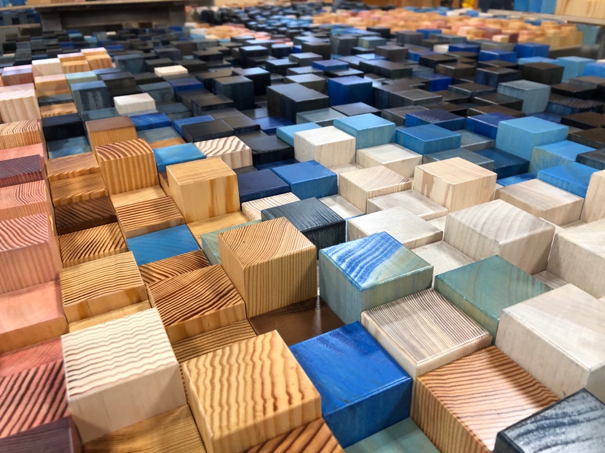 NEWwoodworks fine woodworking custom made colorful endblock art installation