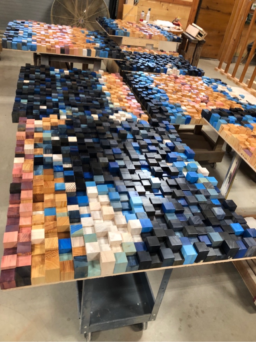 NEWwoodworks fine woodworking custom made colorful endblock art installation