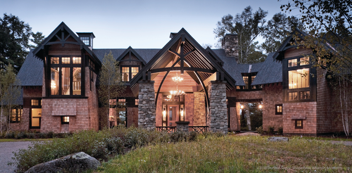 Painted glulams are another popular option. This project, done with Shope Reno Wharton Architects, incorporated dark green painted glulams for the steep curves adorning the exterior entry of the home. Photo c Durston Saylor.