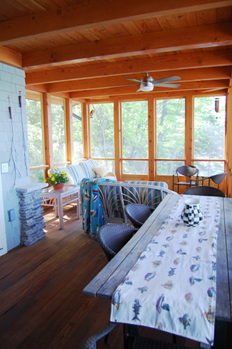 Often the custom modular screens are crafted with reclaimed Douglas fir frames. Reclaimed redwood decking from Pioneer Millworks is another common feature of our porches. Redwood is naturally weather resistant (a bit like cedar) and just a tad softer on bare feet.
