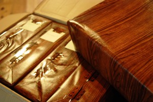The “wood-grain” wrapping paper and hinge patterned tape was perfect for us!