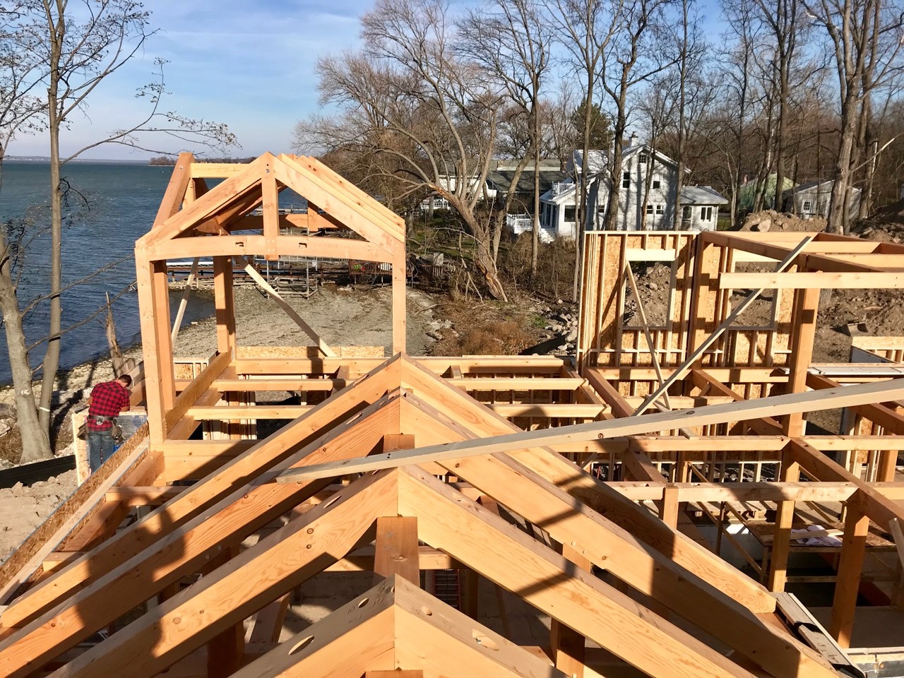 Viewed from the top of the frame it is easy to see the combination of timber frame and stick built construction used for this project.