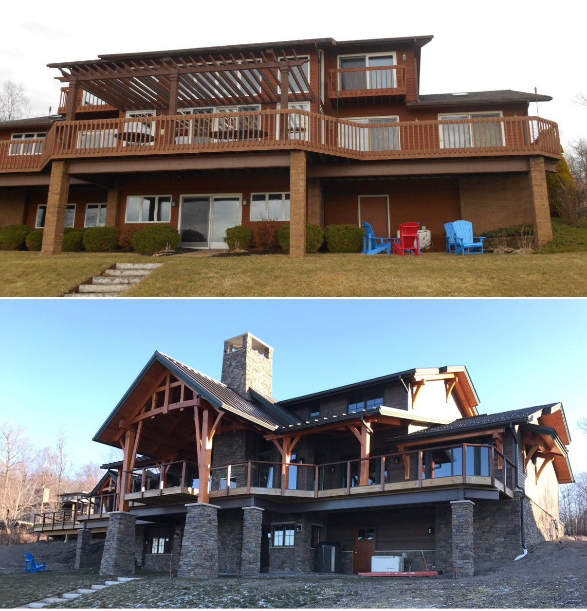 The lake side of the home before (top) and with the remodel nearly complete (bottom).