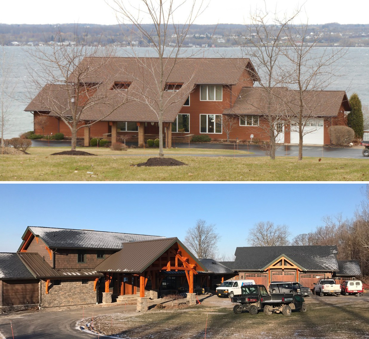 The original roadside facade (above) and with updates (below).