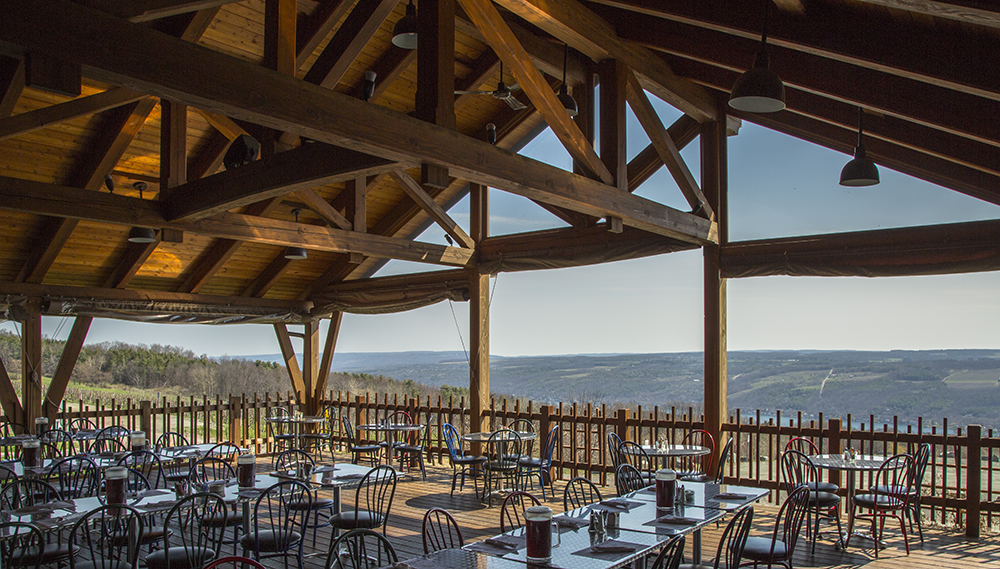 Bully Hill Vineyards restaurant has seating inside and out overlooking Keuka Lake.