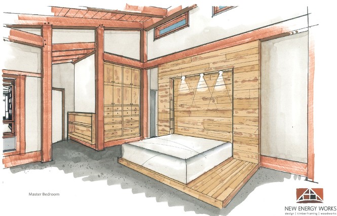 An interior design concept sketch includes an extra large bed platform to accommodate one of the family dogs, “Hero”.