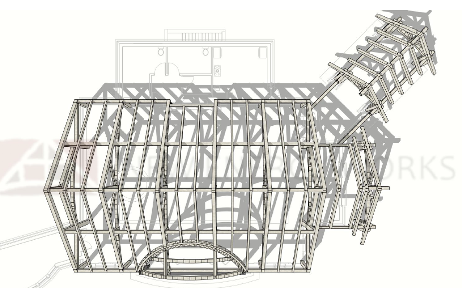 aerial view of timber frame raising