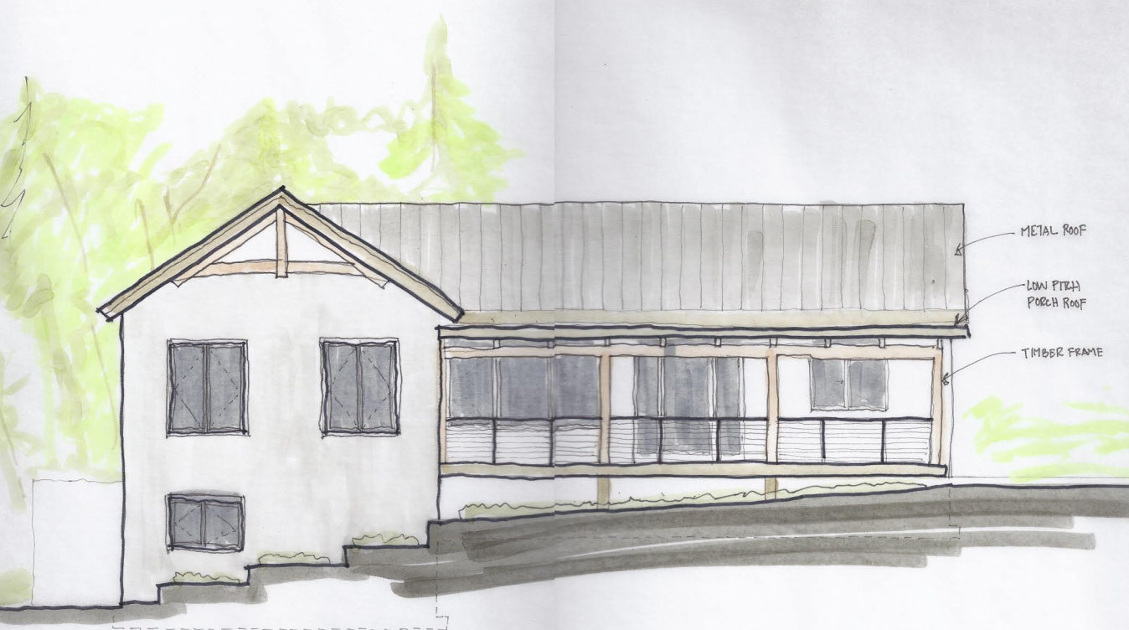 Entering the schematic design phase, this front elevation gives mass and shape to plans for this CA home.