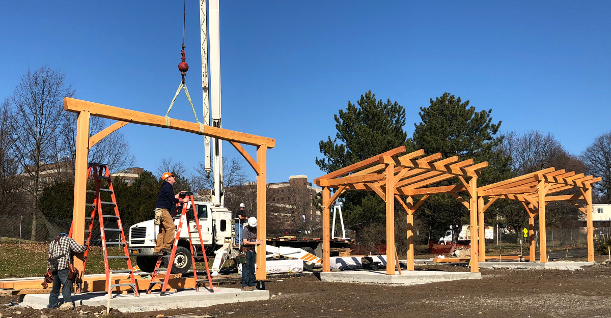 Proving we can have blue skies in the Winter, three bike shelters were raised in a prominent city park as part of a larger renovation.