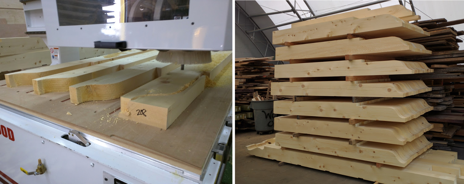 Thelma carving timber end details for timber framing projects. Another capability of team and technology.