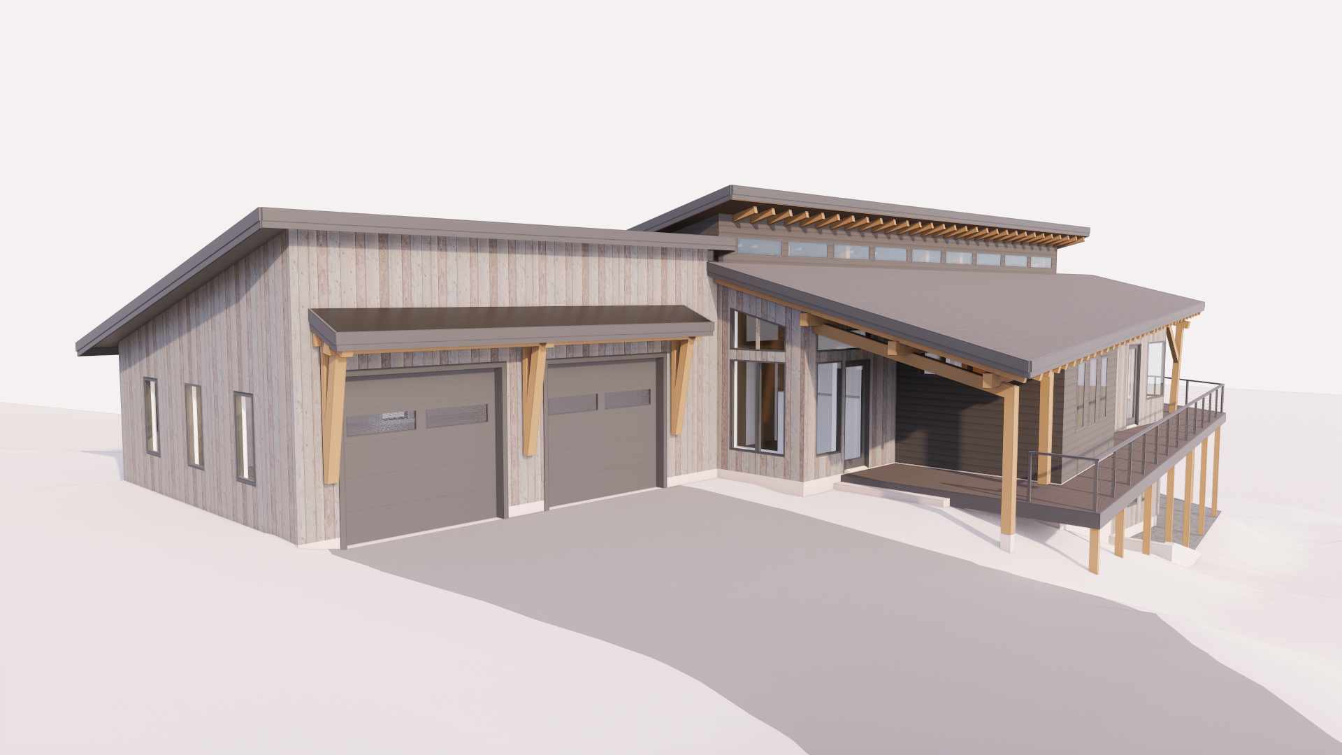 Timber frame lake home design entry view with garage.