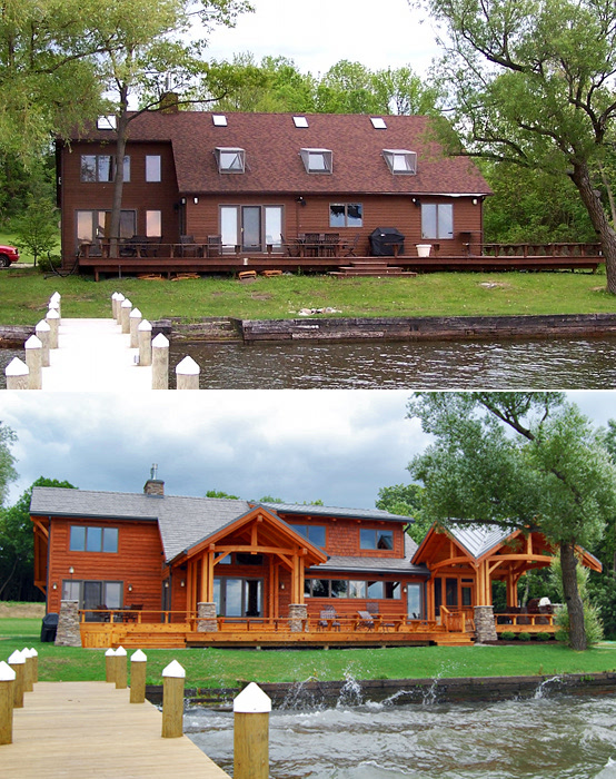 Before and after. This cottage home’s lakeside facade is totally different thanks to quad post porches connected by a huge deck.
