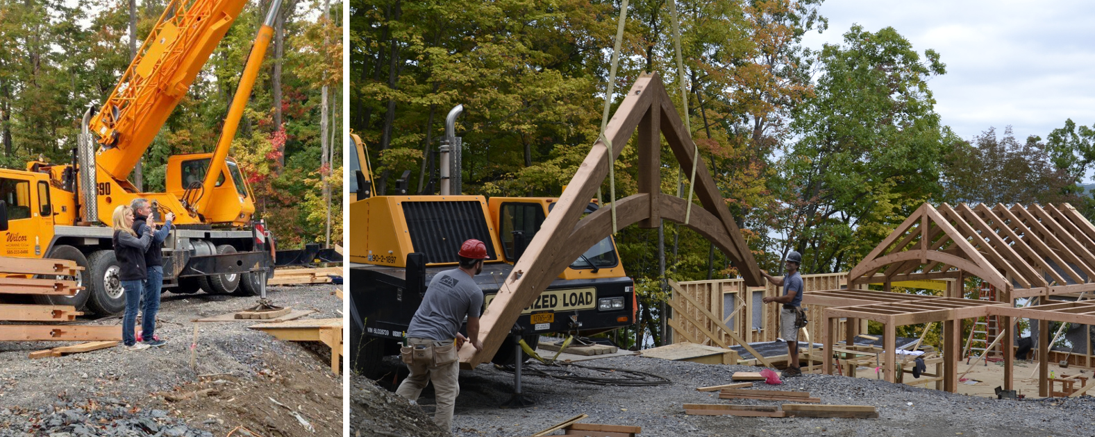 Laurie and Dan (left) captured images as the frame came together for their lake home.