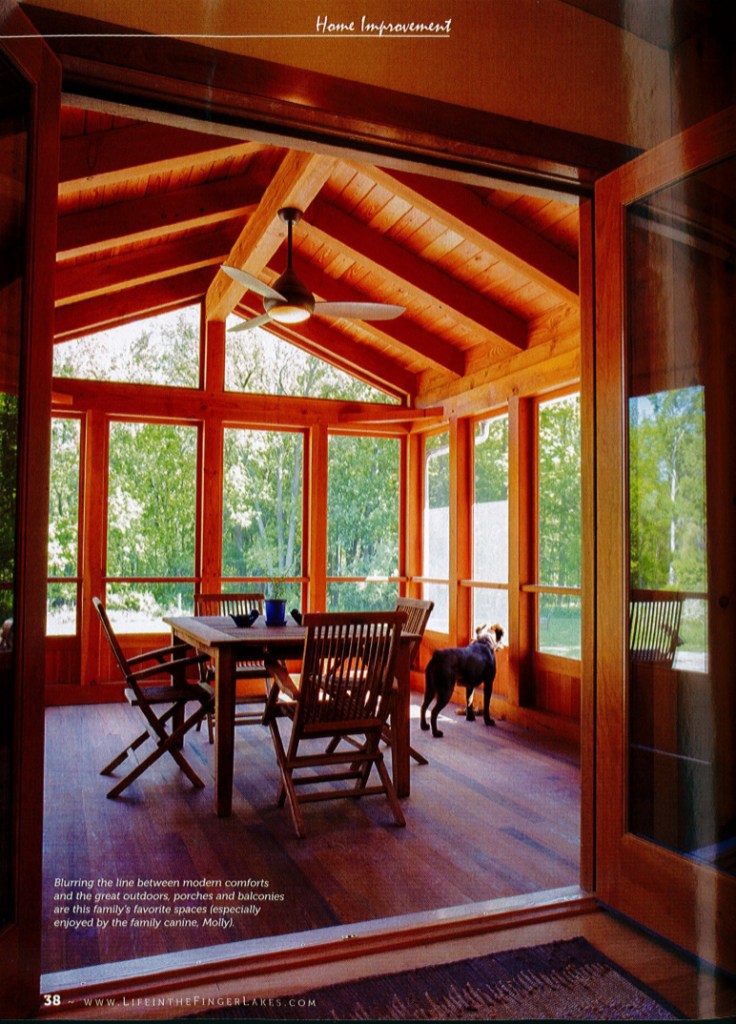 Blurring the line between modern comforts and the great outdoors, porches and balconies are this family’s favorite spaces (especially enjoyed by the family canine, Molly).