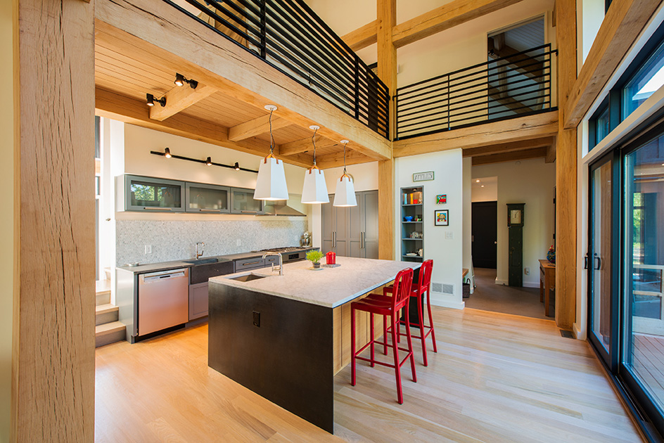 While not reclaimed, this oak timber frame showcases some of the color and character that attracts Bryan to it.