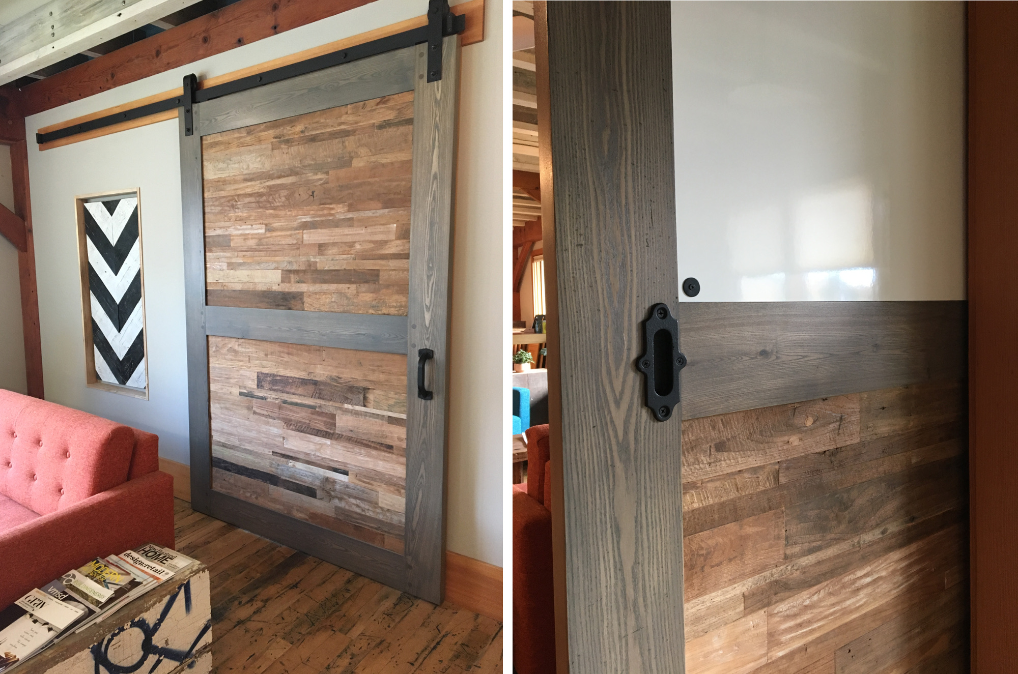 Combining Ash and Reclaimed Indonesian Teak with blackened metal hardware on the front, this showroom door also features a whiteboard on the interior office side with minimal exposed hardware.