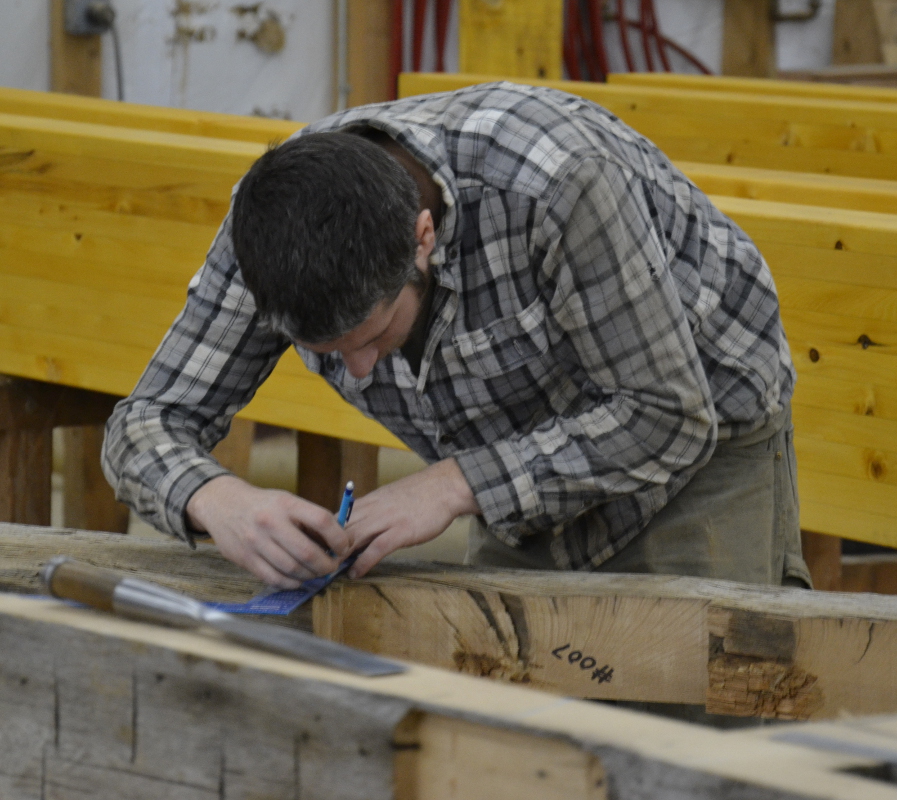 Speaking of unusual, here Pete’s working some new joinery for 100+ year-old reclaimed agricultural timbers salvaged by our sister company, Pioneer Millworks.
