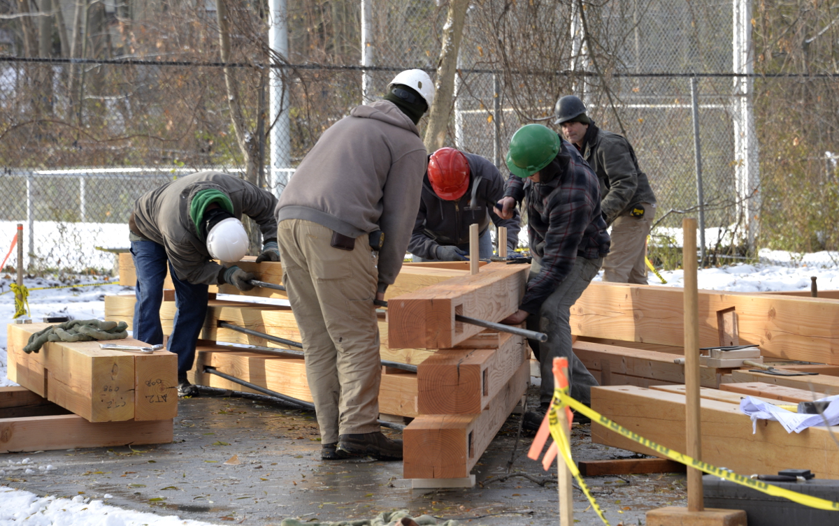 Jeff, Rick, Owen, Sam, and Mike worked together to preassemble the RCN pavilion trusses on raising day.