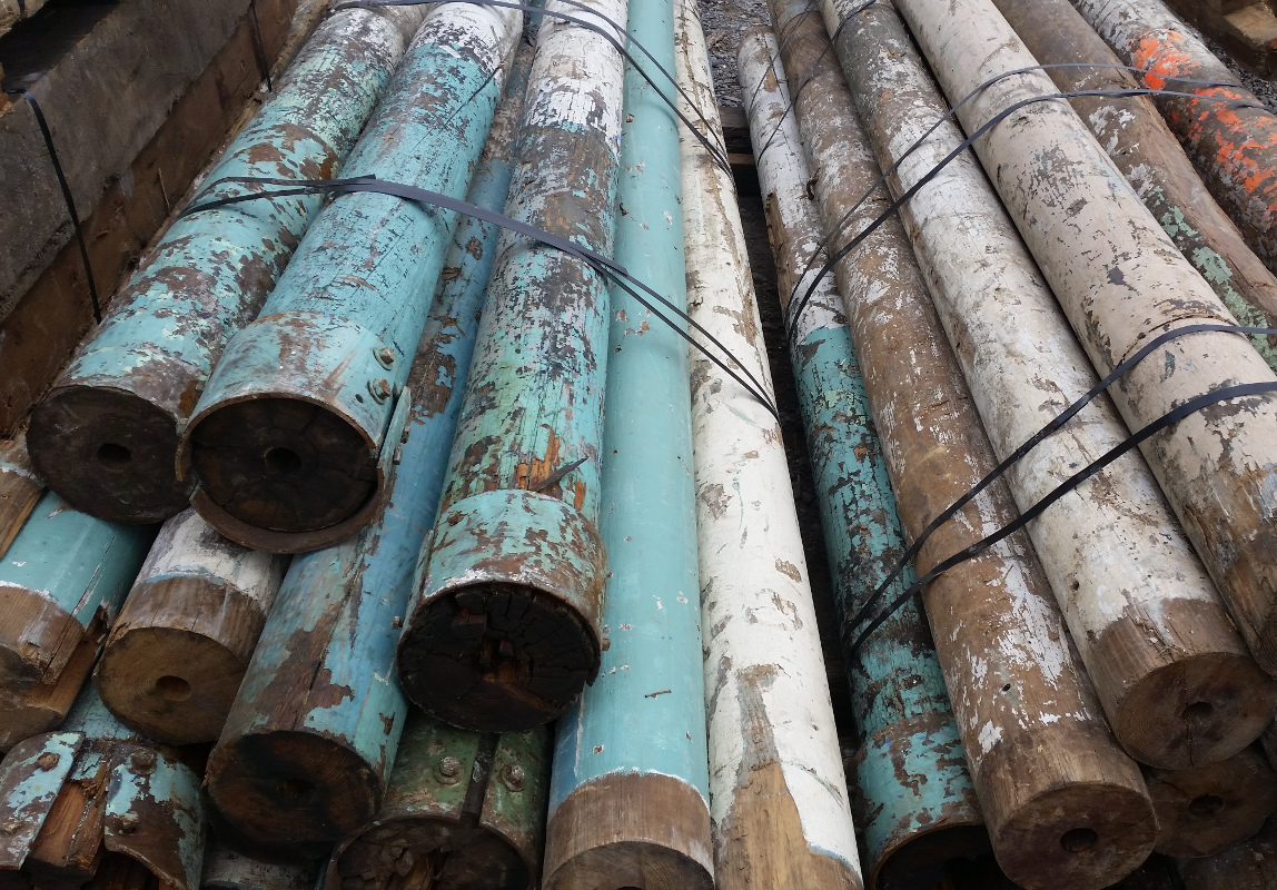 Round Heart Pine posts from the wool mill reclamation–an unusual find indeed!