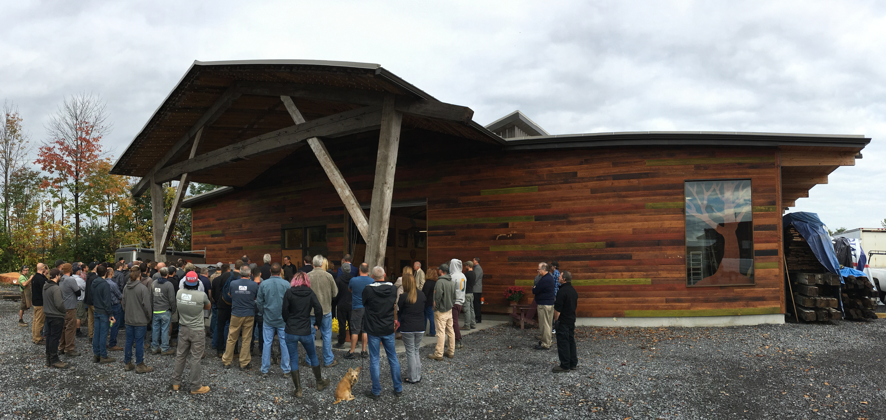 Gathering for the ribbon cutting official opening of our Cross Laminated Timber building.