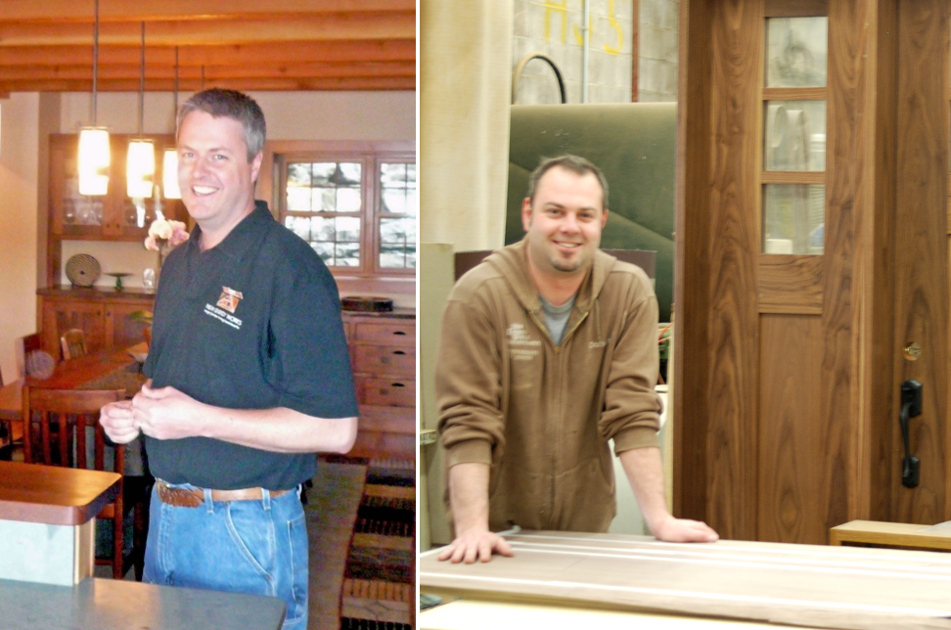 Rob (left) and Jay (right) talk custom wooden entry doors.