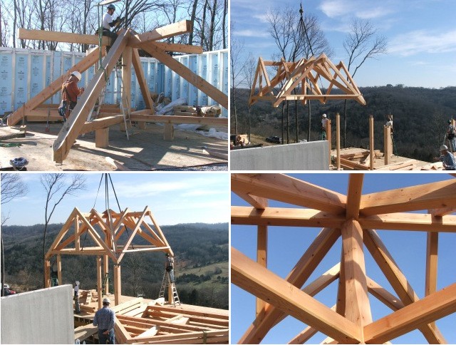 One of Drake’s projects in Gordonsville, Tennessee included a timber frame roof system with four valleys joined to four posts, four pairs of rafters, and four pairs of jack rafters. This complexity earned it the nickname ‘spider’ in the shop and on the job site.