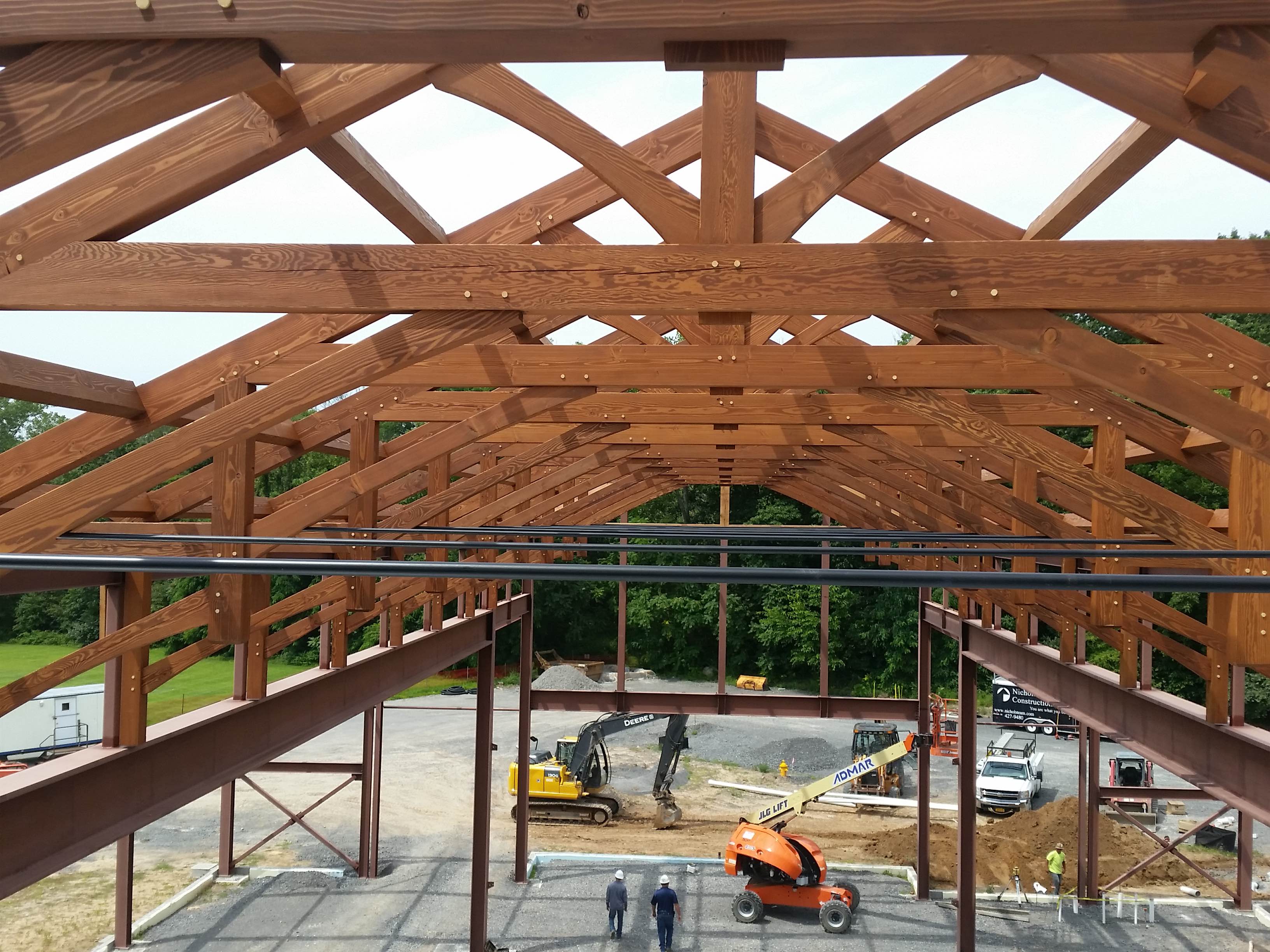 Trusses in place for the St Pius X roof, as photographed from the frame by Rick.
