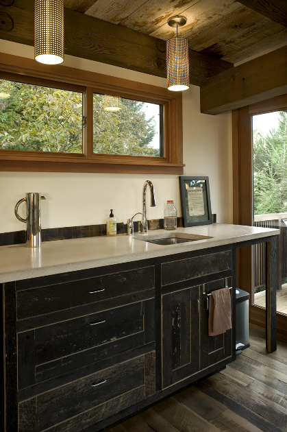 Portland OR ADU with Black & Tan, Black reclaimed oak from Pioneer Millworks. Photo by Loren Nelson.