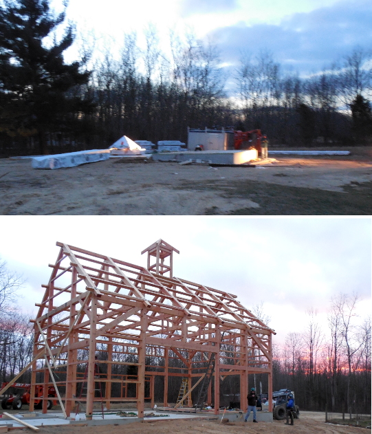 Done in a day. While working with our west coast timber frame crew, Drake sent us a picture at sunrise and another at sunset from a job site in Michigan. After a full day of work, the resulting timber frame barn spans 28′ x 42′ allowing room for a workshop, storage, and regular garage.