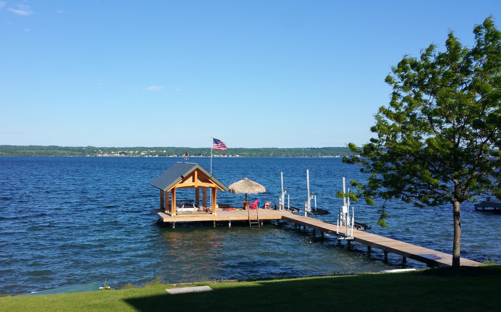 The home’s boat launch also features timber framing.