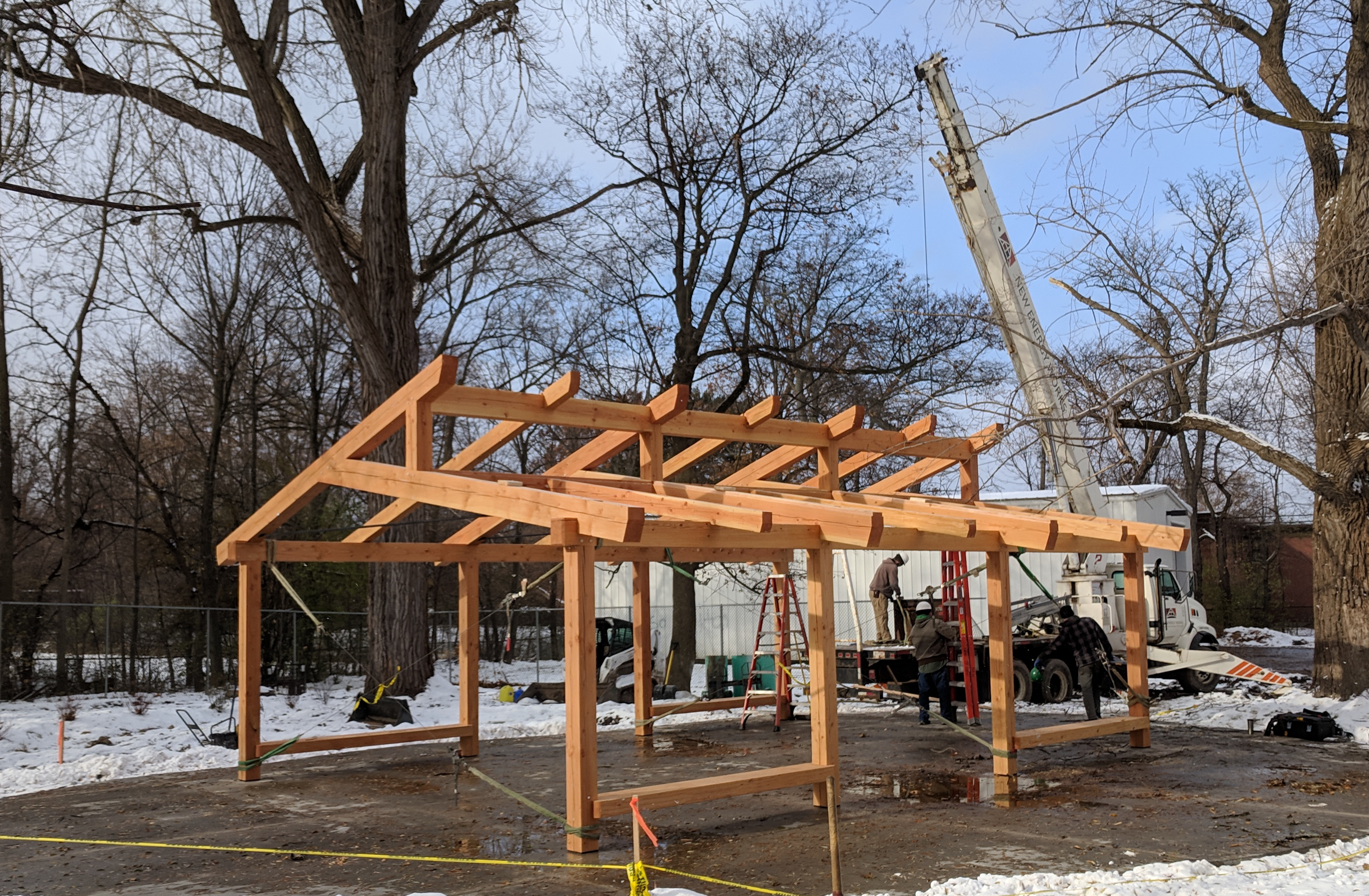 The Douglas fir timbers, will support a roof system with a green, living roof and water harvesting technologies.