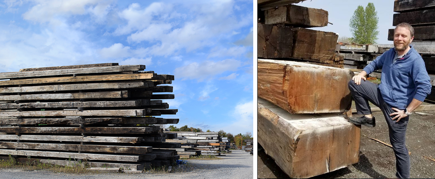 Getting team members to pose for a photo is much easier when they’re surrounded by big reclaimed timbers in our Farmington, NY or McMinnville OR yards.