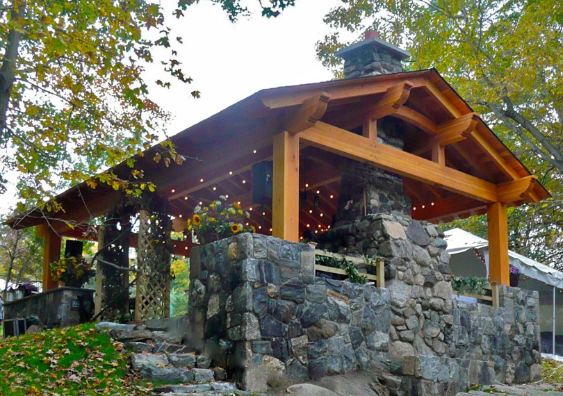 Raised on an existing stone foundation, this timber frame pavilion was designed and crafted to host an intimate wedding outside of NYC.